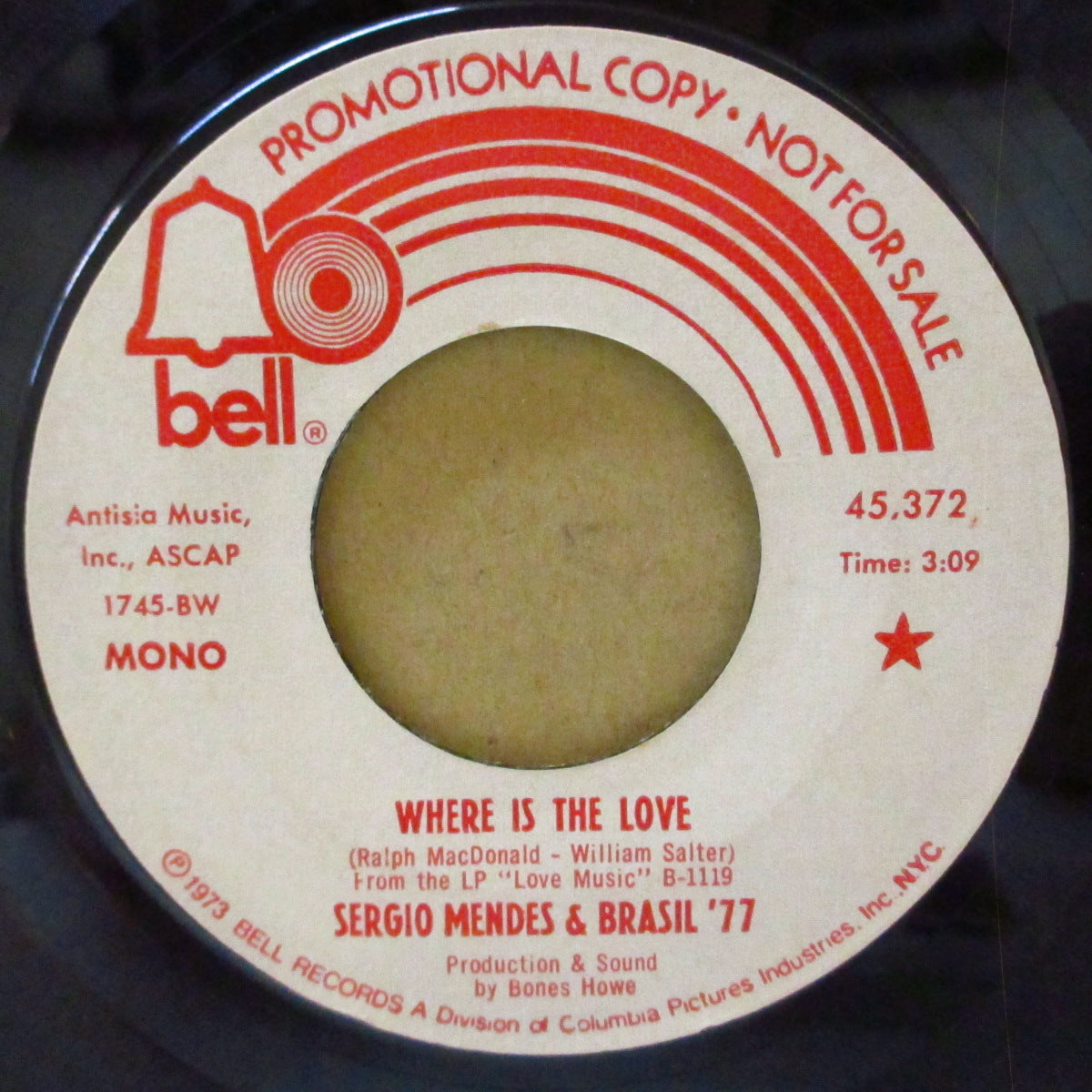 SERGIO MENDES & BRASIL '77 (セルジオ・メンデス＆ブラジル'77)  - Where Is The Love (USプロモ両面同曲7インチ)ロバータ・フラック&ダニー・ハサウェイ'72年デュオ名曲の軽快清涼ボサノヴァ・カバー！