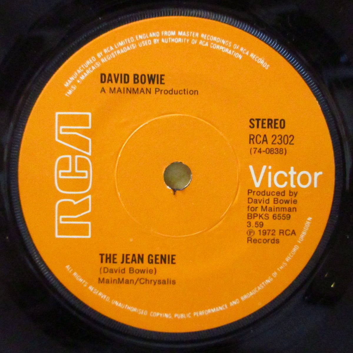 DAVID BOWIE (デヴィッド・ボウイ)  - The Jean Genie (UK '73 2ndプレス「MainMan/Chrysalis 出版ラベ・フラットセンター」7インチ+ダイカット黒スリーブ)