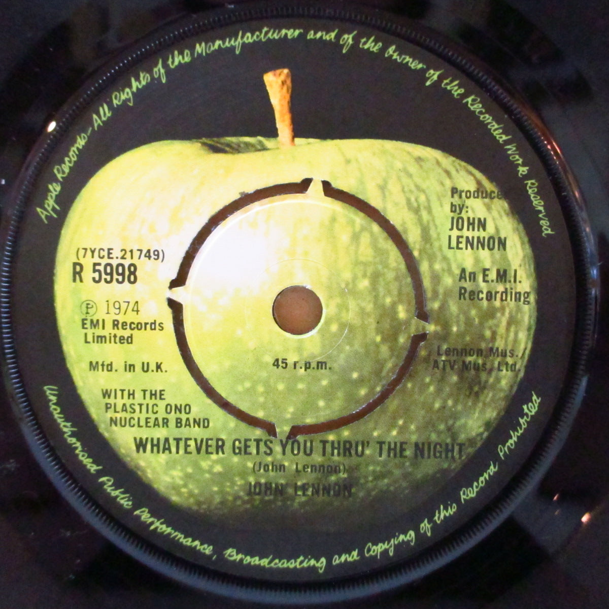 JOHN LENNON (ジョン・レノン)  - Whatever Gets You Thru' The Night (UK '74 オリジナル「ラウンドセンター」7インチ+ダイカット黒スリーブ)