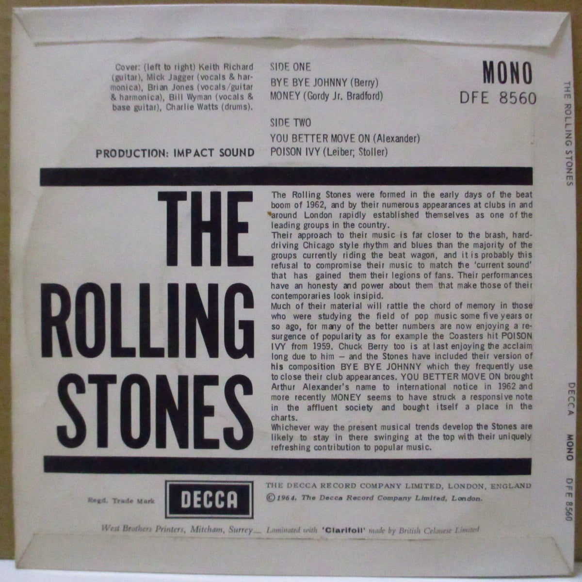 ROLLING STONES (ローリング・ストーンズ)  - S.T. / Bye Bye Johnny +3 (UK '64 オリジナル4曲入り「ラウンドセンター」モノラル 7インチ+表面コーティング折り返しジャケ)