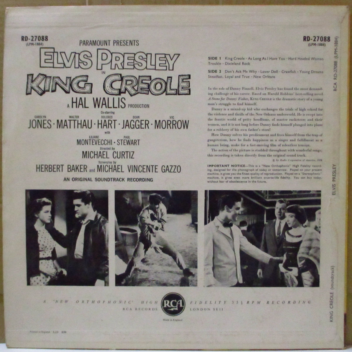 ELVIS PRESLEY (エルヴィス・プレスリー)  - King Creole (UK オリジナル「RCA シルバー・スポット黒ラベ」モノラル LP/「Danny Finnell 誤表記」初回表面コーティング・ジャケ)