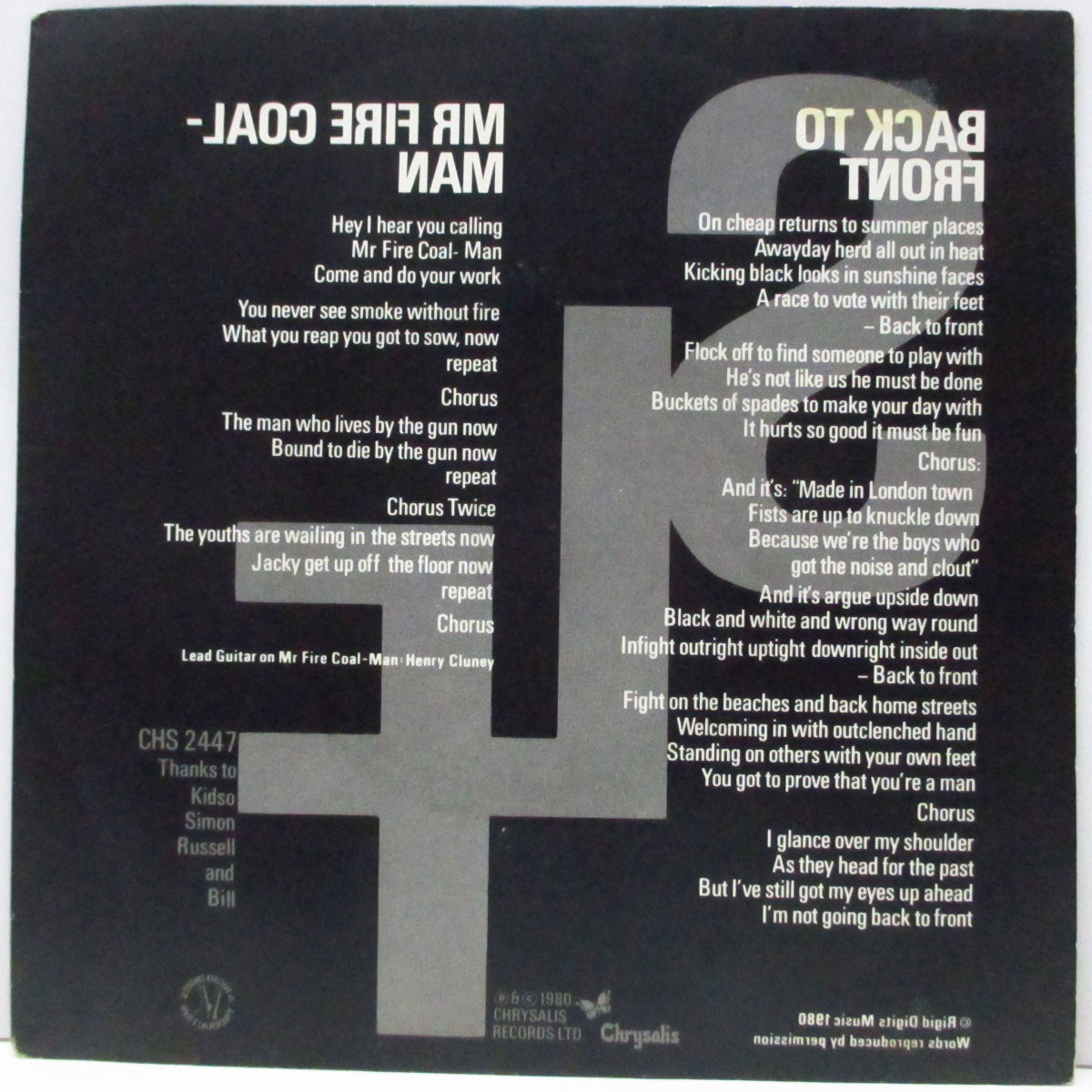 STIFF LITTLE FINGERS (スティッフ・リトル・フィンガーズ)  - Back To Front (UK オリジナル 7"/光沢固紙製折り返しジャケ) ラベ周りに滑り止めラベルリング有 Ver.