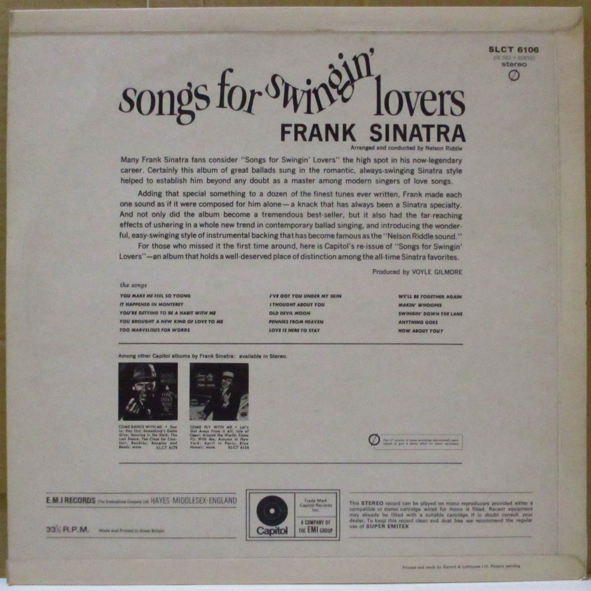 FRANK SINATRA  (フランク・シナトラ)  - Songs For Swingin' Lovers (UK '69 再発「ライム・グリーン・ラベ」ステレオ LP) Aラベにプロモ・ステッカー付き！
