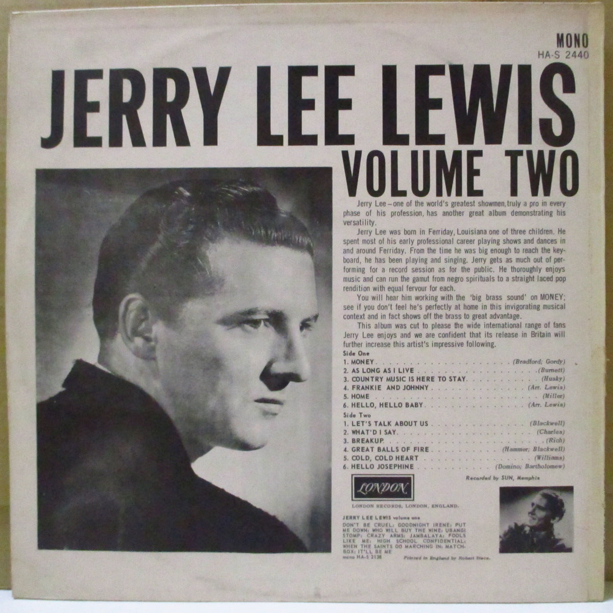 JERRY LEE LEWIS (ジェリー・リー・ルイス)  - Jerry Lee's Greatest (UK '60年代後期「銀ボックス・ロゴ・黒ラベ」再発モノラルLP) 61年SUN社時代セカンド・アルバム