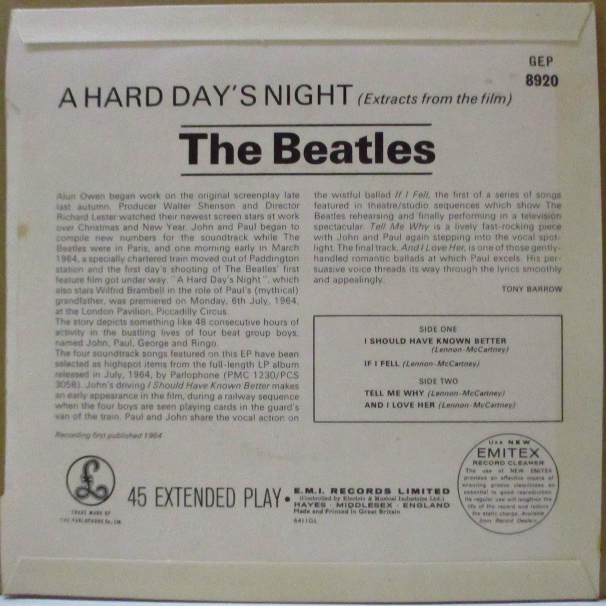 BEATLES (ビートルズ)  - Extracts From The Film A Hard Day's Night (UK '78 再発4曲入り「ラウンドセンター」モノラル 7インチEP/表面コーティング折り返しジャケ)