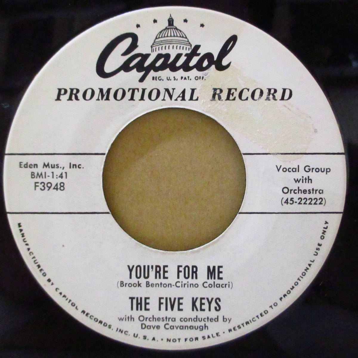 FIVE KEYS (ファイブ・キーズ)  - You're For Me /  With All My Love (US '58 プロモ・白ラベ7インチ)ドゥワップ・ジャイヴァー！