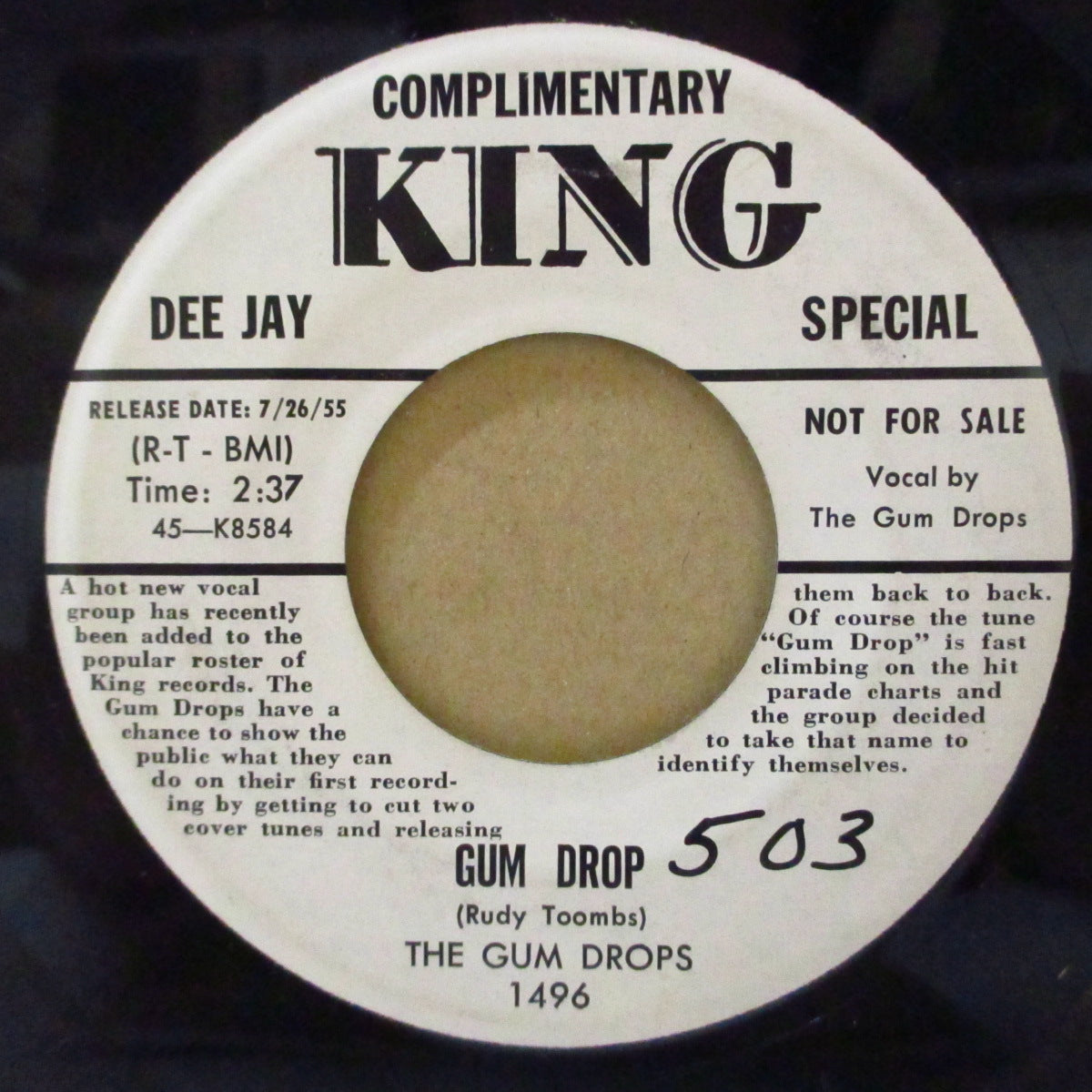 GUM DROPS, THE (ザ・ガムドロップス)  - Gum Drop (US '55 プロモ・白ラベ 7インチ)マイルド・ドゥワップ・ジャイヴァーカヴァ！