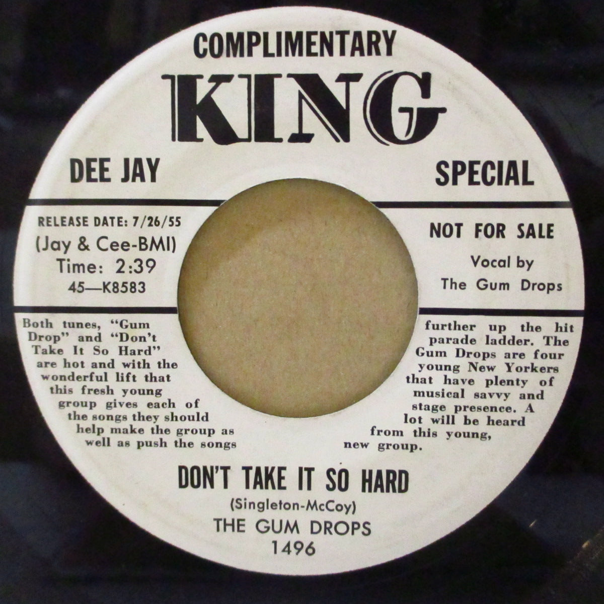 GUM DROPS, THE (ザ・ガムドロップス)  - Gum Drop (US '55 プロモ・白ラベ 7インチ)マイルド・ドゥワップ・ジャイヴァーカヴァ！