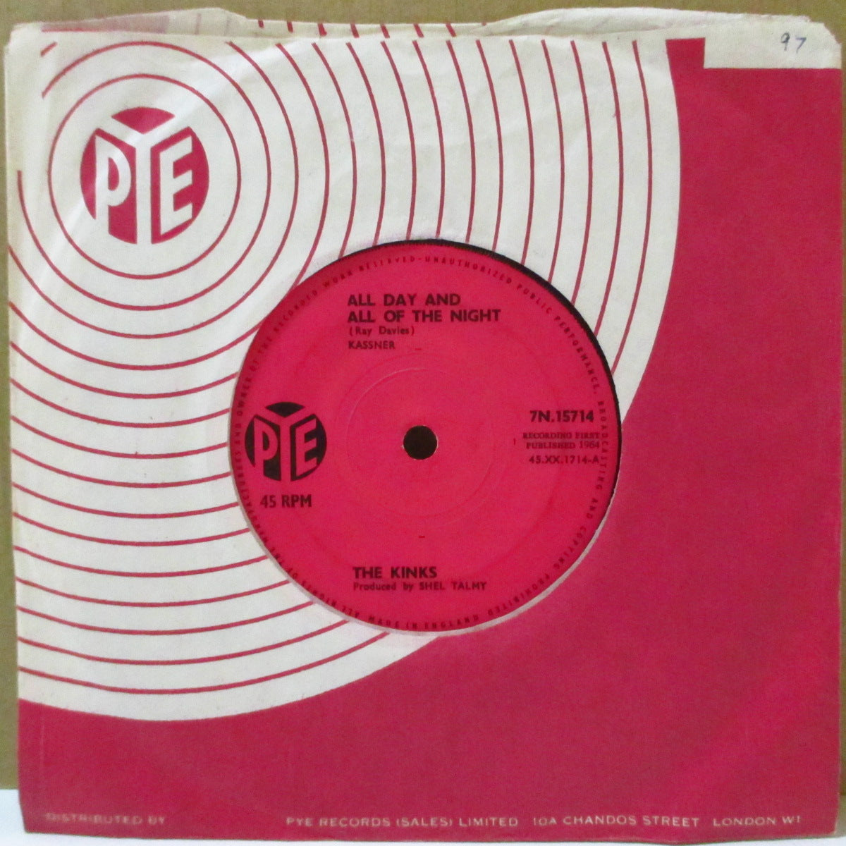 KINKS (キンクス)  - All Day And All Of The Night (UK '64 オリジナル「サイドロゴ・ピンク紙ラベ・フラットセンター」 7インチ+Pye社カンパニースリーブ)