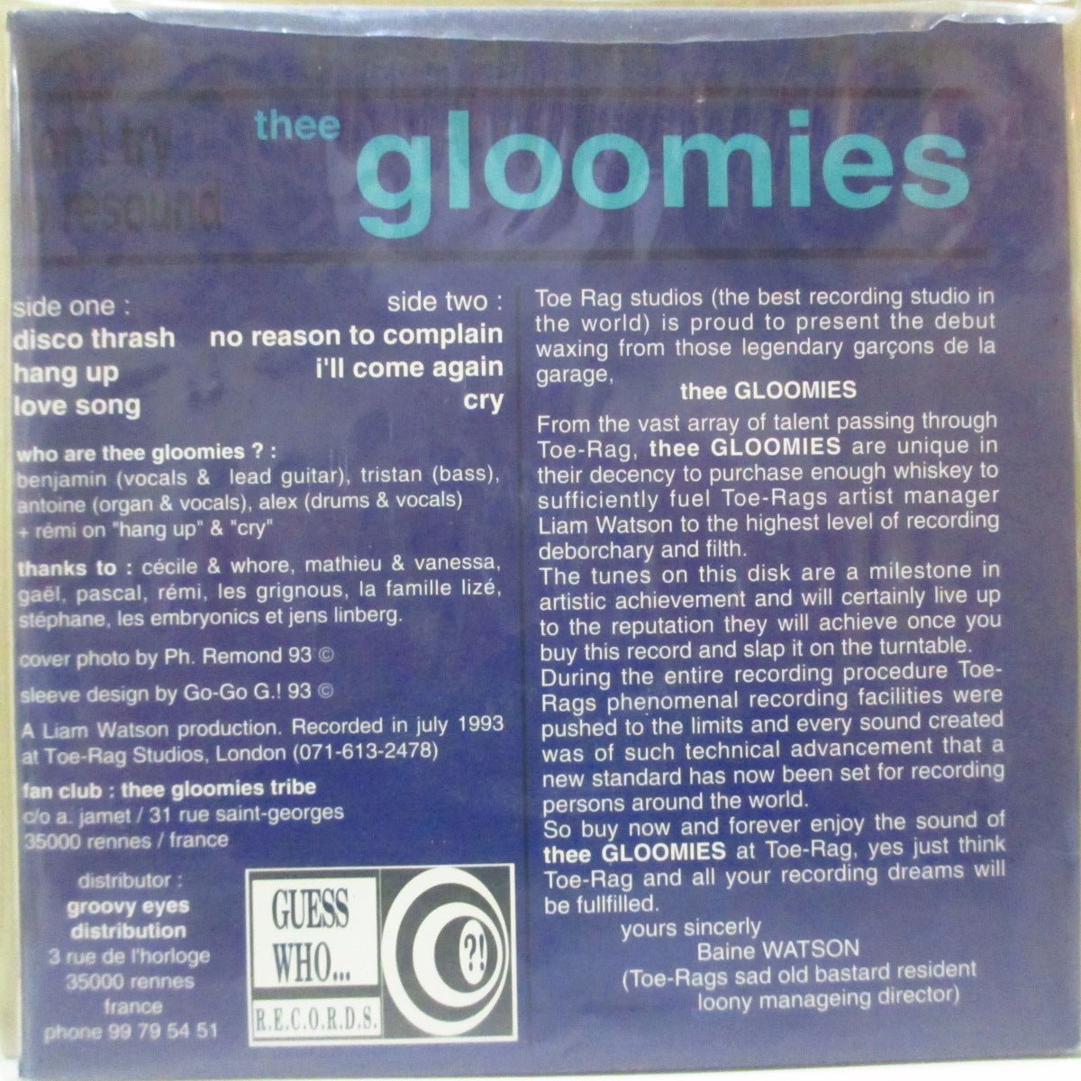 GLOOMIES, THEE  (ジー・グルーミーズ)  - Don't Try To Resound Thee Gloomies (France オリジナル・モノラル 7インチ+光沢固紙ジャケ, インサート, PVC) '93年EP