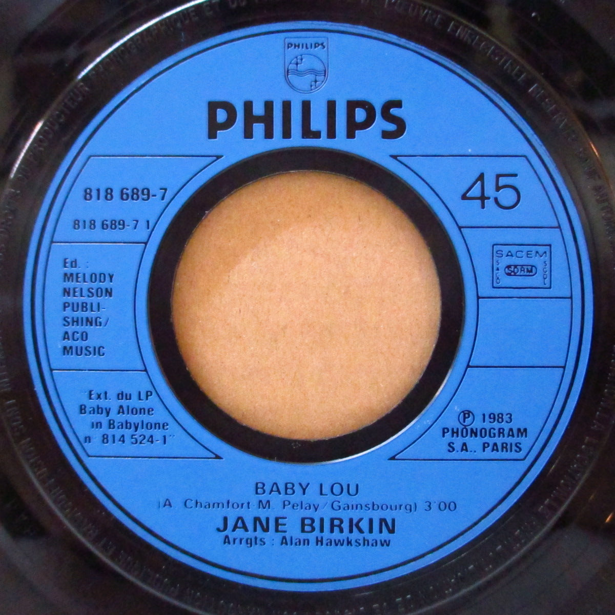 JANE BIRKIN (ジェーン・バーキン)  - Baby Lou (フランス '83 ジャケ付きオリジナル 7インチ)ゲンズブール作アーバン・ディスコポップ+ポップバラッド