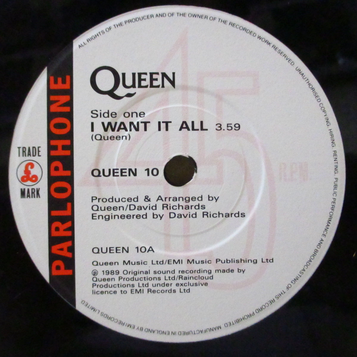 QUEEN (クイーン)  - I Want It All (UK '89 オリジナル「白紙ラベ・フラットセンター」 7インチ+光沢固紙ジャケ)