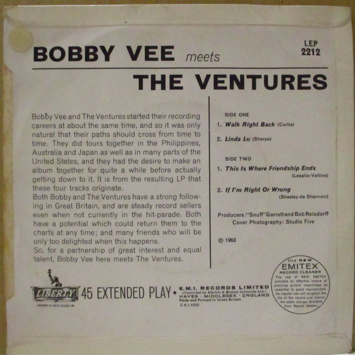 VENTURES  &  BOBBY VEE  (ザ・ベンチャーズ)  - Bobby Vee Meets The Ventures (UK '65 オリジナル・4曲入り 7インチEP/表面コーティング折り返しジャケ)