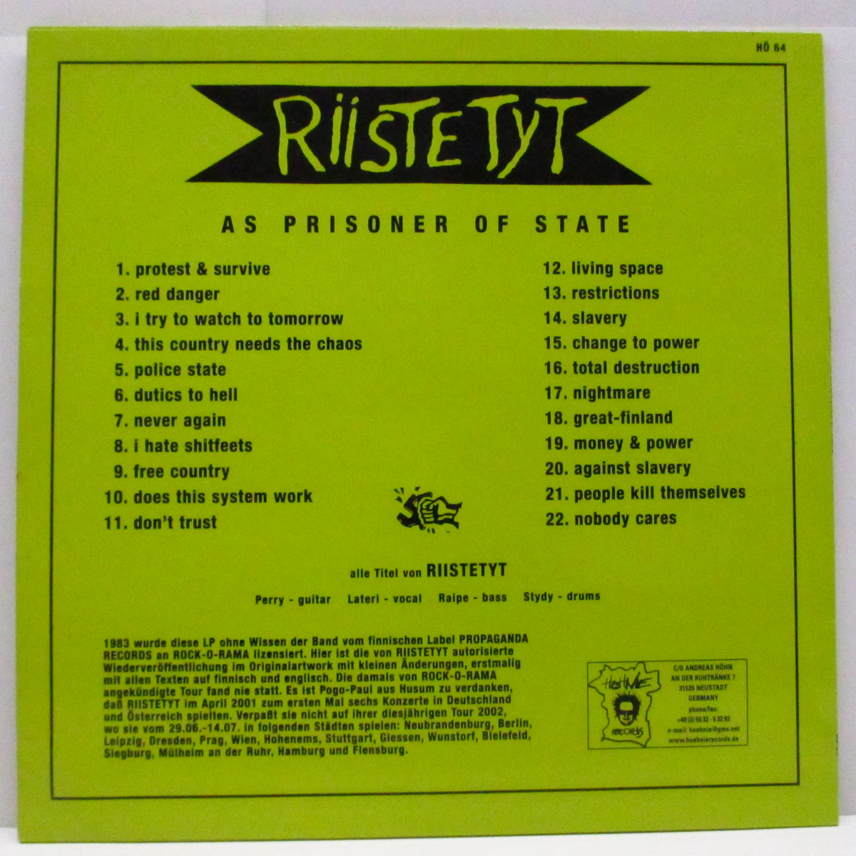 RIISTETYT (リーステテュット)  - As A Prisoner Of State (German '02 限定再発「黄盤」LP+インサート/緑ジャケ）'82年ファーストの国際 Ver!