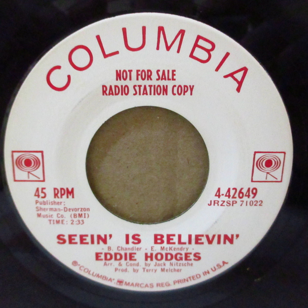EDDIE HODGES (エディ・ホッジス)  - Seein' Is Believin' / Secret (US '62 プロモ・白ラベ7インチ)ジャック・ニッチェのアレンジ、テリー・メルチャーのプロデュース、ファズギター入りファズギター入りティーンポップ