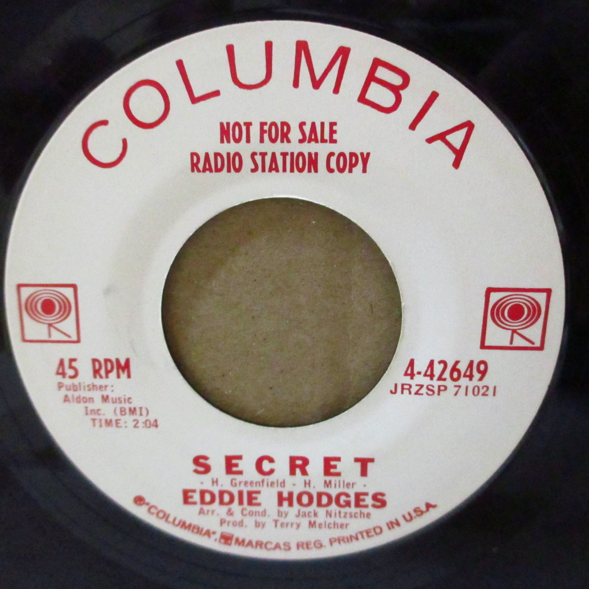 EDDIE HODGES (エディ・ホッジス)  - Seein' Is Believin' / Secret (US '62 プロモ・白ラベ7インチ)ジャック・ニッチェのアレンジ、テリー・メルチャーのプロデュース、ファズギター入りファズギター入りティーンポップ