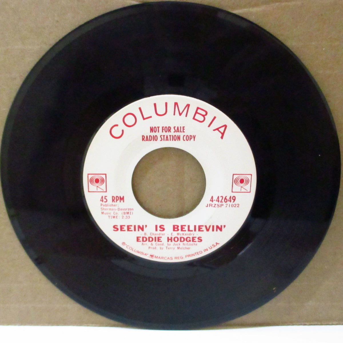 EDDIE HODGES (エディ・ホッジス)  - Seein' Is Believin' / Secret (US '62 プロモ・白ラベ7インチ)ジャック・ニッチェのアレンジ、テリー・メルチャーのプロデュース、ファズギター入りファズギター入りティーンポップ