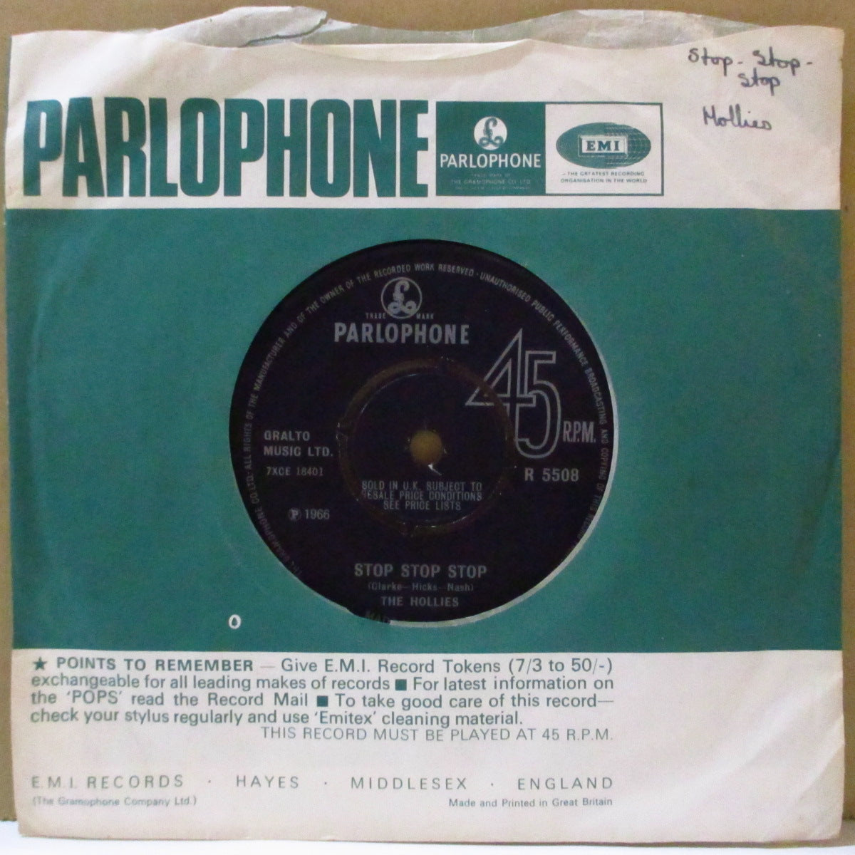 HOLLIES (ホリーズ)  - Stop Stop Stop (UK '66 オリジナル「ラウンドセンター」 7インチ+カンパニースリーブ)