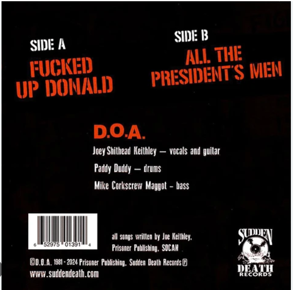 D.O.A. - Fucked Up Donald (Canada 500枚限定再発「オレンジヴァイナル」7"/ New)