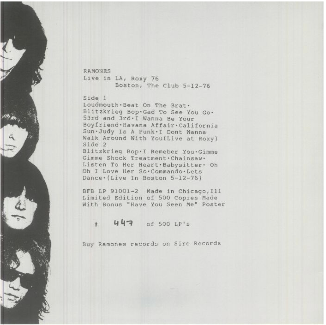 RAMONES (ラモーンズ)  - Live In LA,  Roxy 76 Boston,  The Club 5 -12 - 76 (EU 500限定再発ナンバリング入り LP/ New) ジョーイのポスター付き！