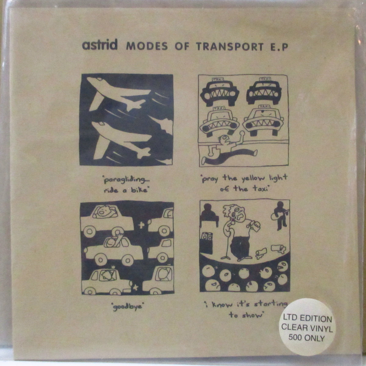 ASTRID (アストリッド)  - Modes Of Transport EP (UK 500枚限定クリアヴァイナル 7インチ-EP+マット固紙ジャケ, レアステッカー付きPVC) '98年EP