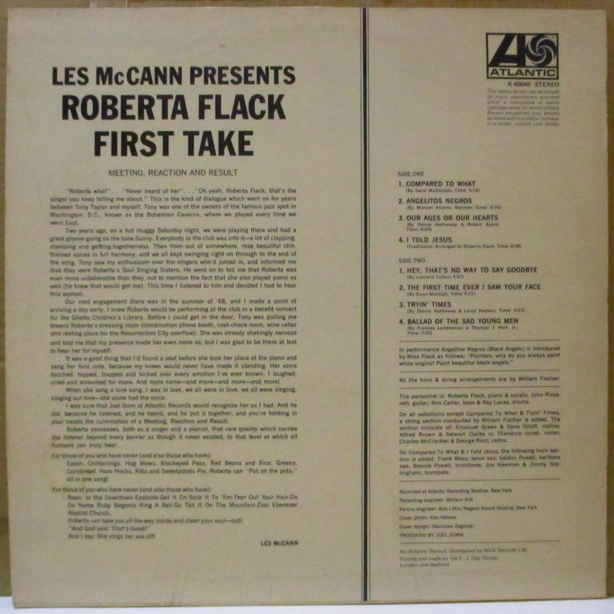 ROBERTA FLACK (ロバータ・フラック)  - First Take (UK '72 初回再発「Wロゴ無し青・オレンジ・ラベ」ステレオLP) 名作デビュー・アルバム！