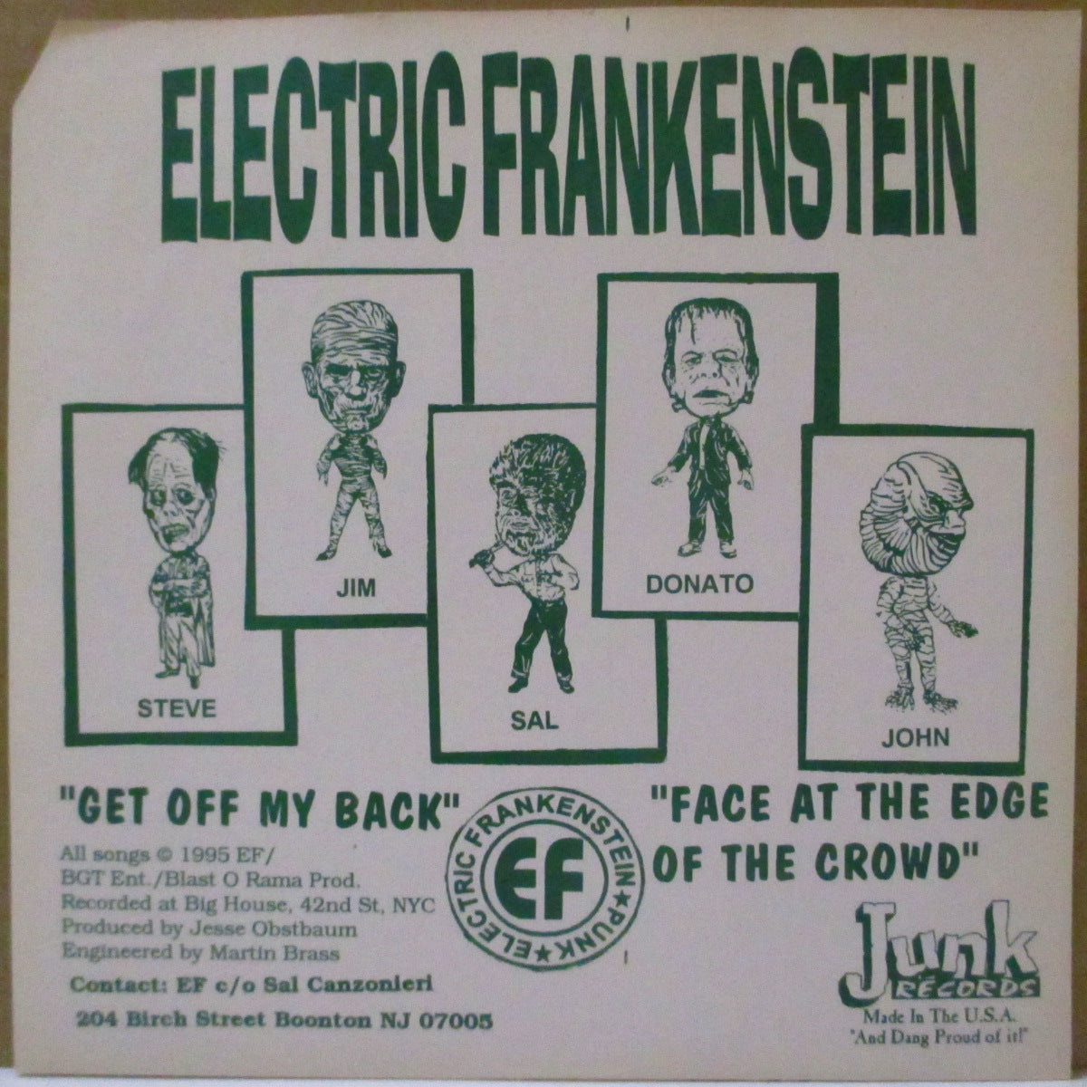 ELECTRIC FRANKENSTEIN (エレクトリック・フランケンシュタイン)  - Get Off My Back (US '95 オリジナル「黒盤」 7インチ/マット固紙ジャケ)