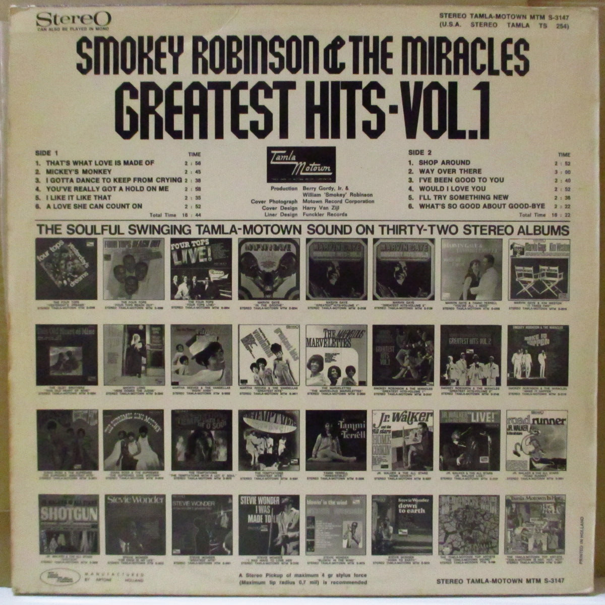 MIRACLES (SMOKEY ROBINSON & THE) (スモーキー・ロビンソン＆ミラクルズ)  - Greatest Hits Vol.1 (オランダ '68 オリジナル・ステレオ LP)オランダのみの独自編集ベスト12曲。