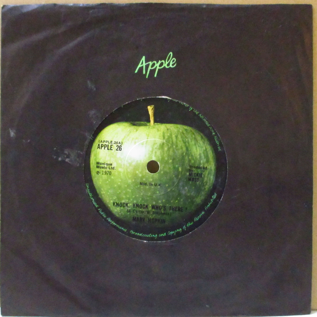 MARY HOPKIN (メリー・ホプキンス)  - Knock, Knock Who's There? (UK '70 オリジナル「フラットセンター」 7インチ+アップルロゴ入り黒カンパニースリーブ)