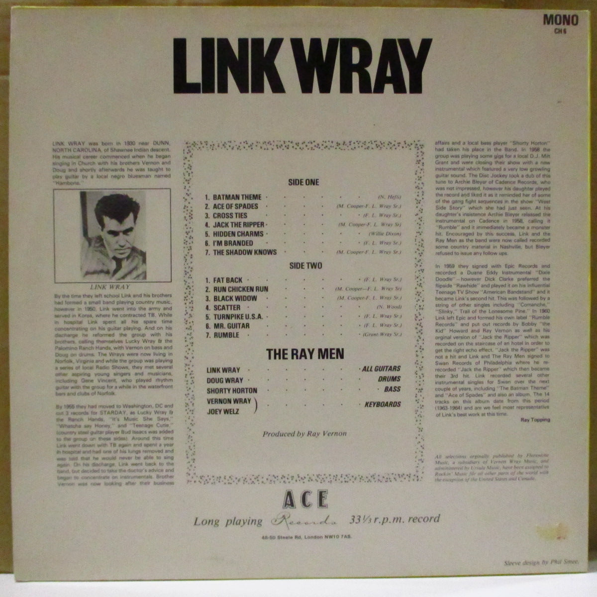 LINK WRAY (リンク・レイ)  - Early Recordings (UK Ace社 '87 再発「銀ロゴ、黒ラベ」モノラル LP)Swan社黄金期コンピ