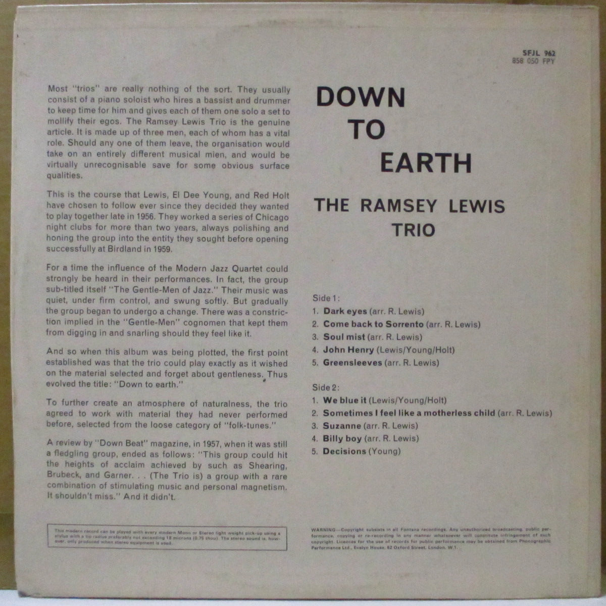 RAMSEY LEWIS TRIO (ラムゼイ・ルイス・トリオ)  - Down To Earth (UK 60's 再発 ステレオLP/表面コーティング・ジャケ)R&B-MOD JAZZトリオ59年4作目アルバム、英国独自ジャケ！