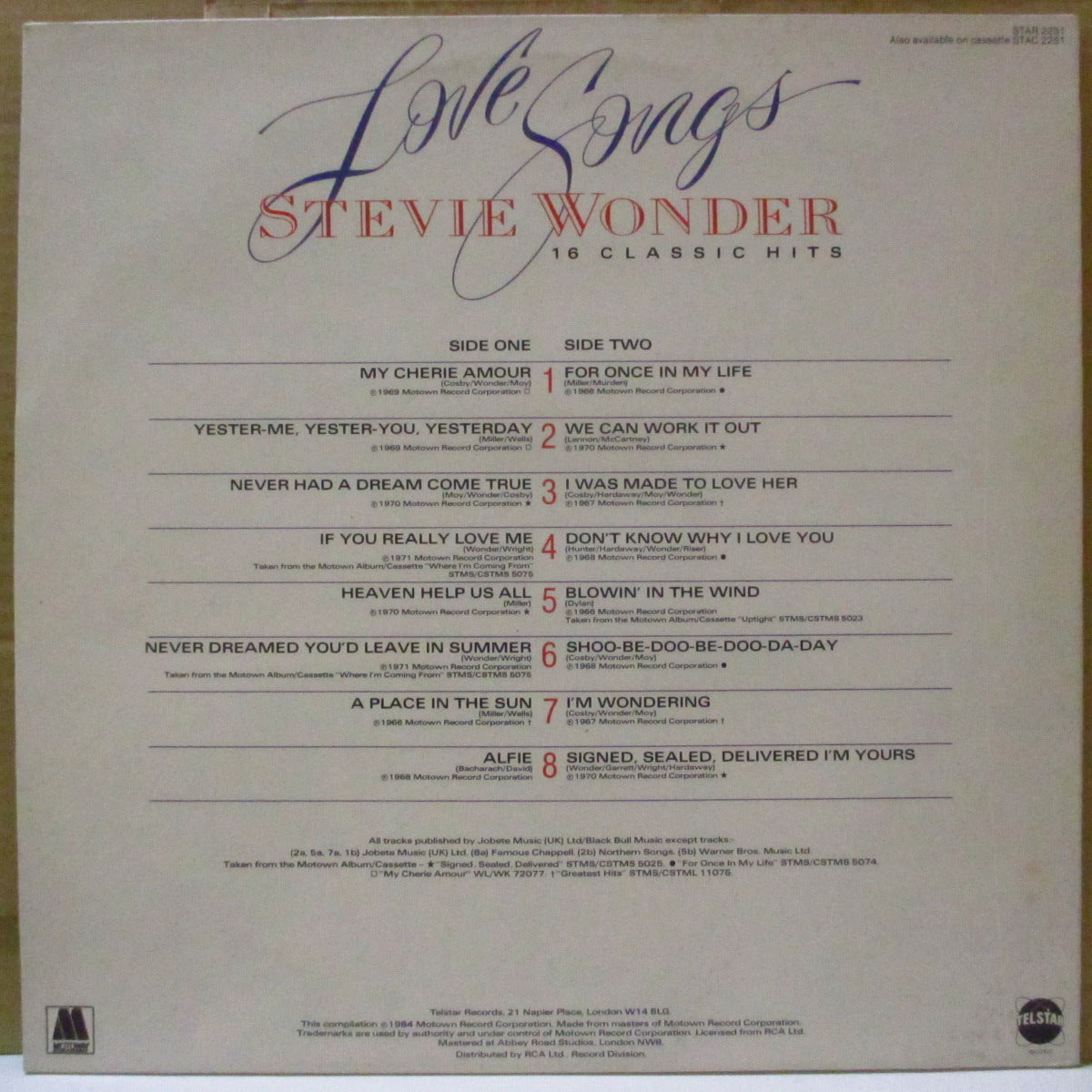 STEVIE WONDER (スティーヴィー・ワンダー)  - Love Songs : 16 Classic Hits (UK '84 オリジナル・ステレオ LP)欧州、OZ/NZで発表の独自「恋歌」編集コンピ全16曲。