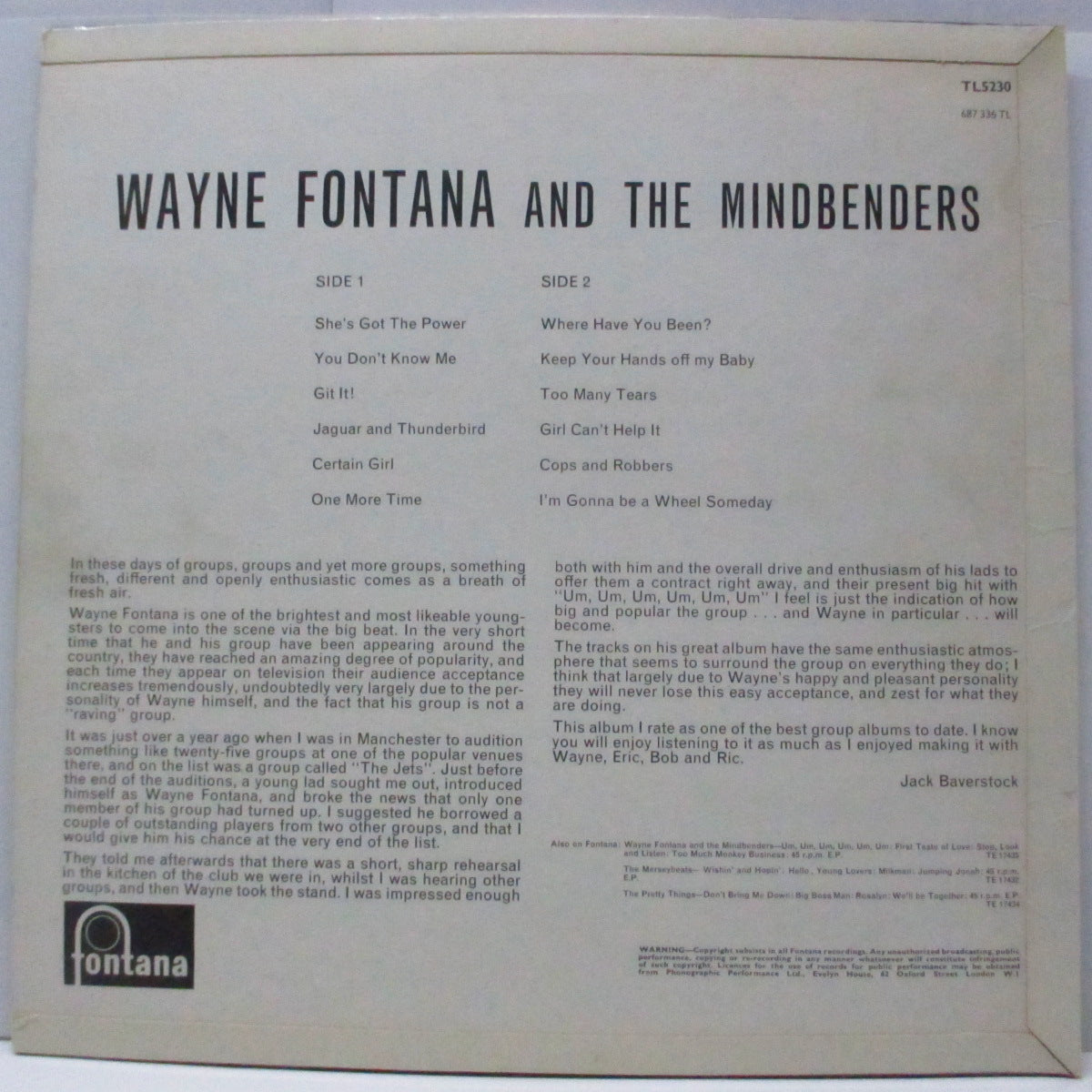WAYNE FONTANA & MINDBENDERS (ウェイン・フォンタナ＆マインドベンダーズ)  - Wayne Fontana And The Mindbenders [1st] (UK オリジナル「モノラル」LP/表面コーティング三面折り返ジャケ)