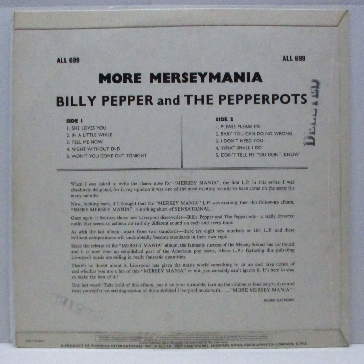 BILLY PEPPER AND THE PEPPERPOTS (ビリー・ペッパー&ザ・ペッパーポッツ)  - Beat !! More Merseymania (UK Allegro社オリジナル LP/表面コーティング2面折り返ジャケ)
