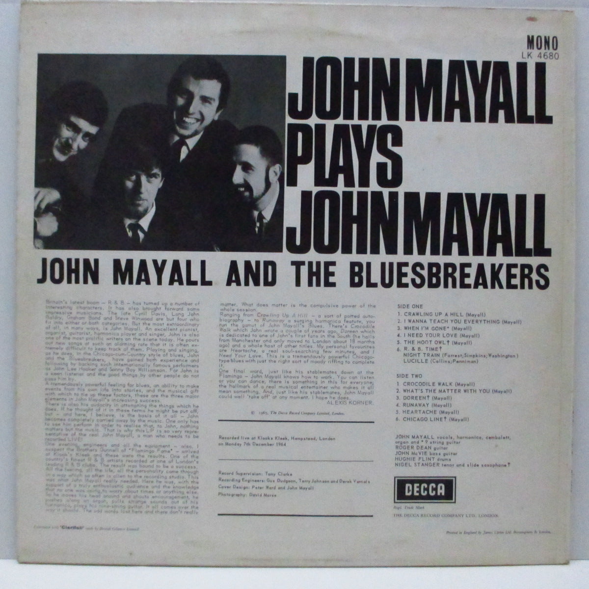 JOHN MAYALL (ジョン・メイオール&ブルースブレーカーズ)  - John Mayall Plays John Mayall (UK '78 再発「銀ボックスロゴ」モノラル LP/表面コーティングジャケ) Recorded live at Klooks Kleek !