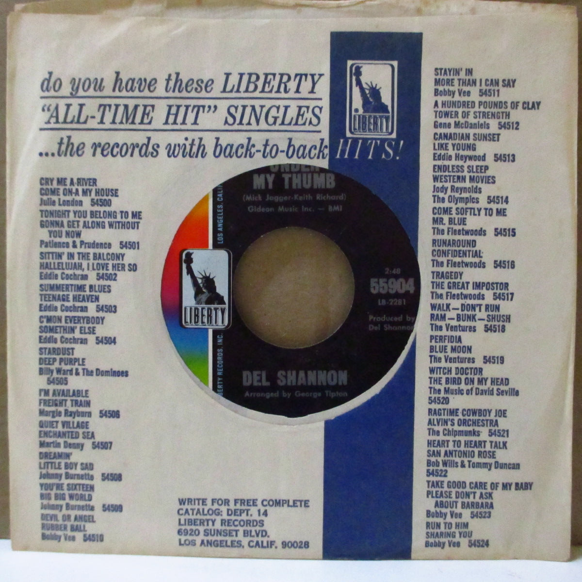 DEL SHANNON (デル・シャノン)  - Under My Thumb (US '66 オリジナル7インチ)ストーンズ名曲の絶妙カバー！