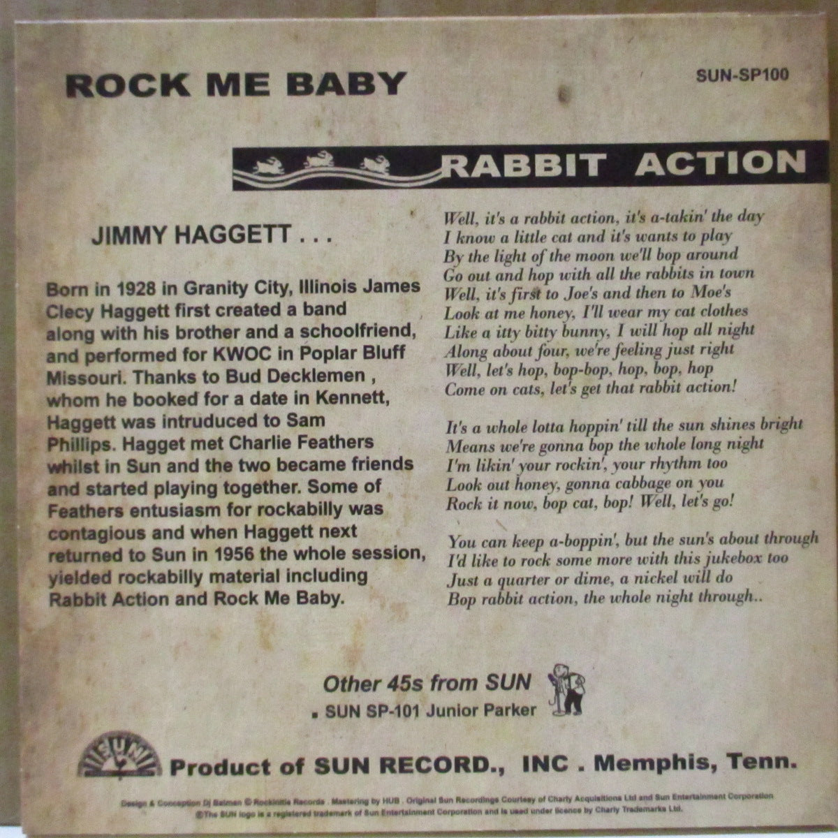 JIMMY HAGGETT (ジミー・ハゲット)  - Rock Me Baby / Rabbit Action (UK-EU '12 限定再発ジャケ付き7インチ) '56年SUN ボッピン・ロカビリー