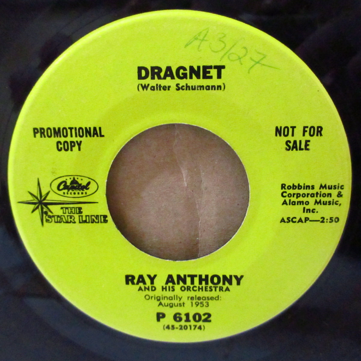 RAY ANTHONY & His Orchestra (レイ・アンソニー楽団)  - Peter Gunn / Dragnet (US 70's 再発プロモ「黄緑ラベ」カップリング7インチ)TVドラマ・テーマ名曲！