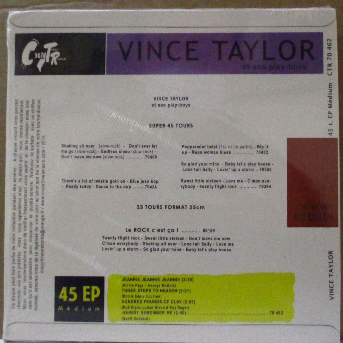 VINCE TAYLOR & PLAYBOYS (ヴィンス・テイラー)  - Jeannie Jeannie Jeannie +3 (フランス '13 再発ジャケ付き4曲入り7インチEP/廃盤 Newシールド未発表セッションカバー収録。