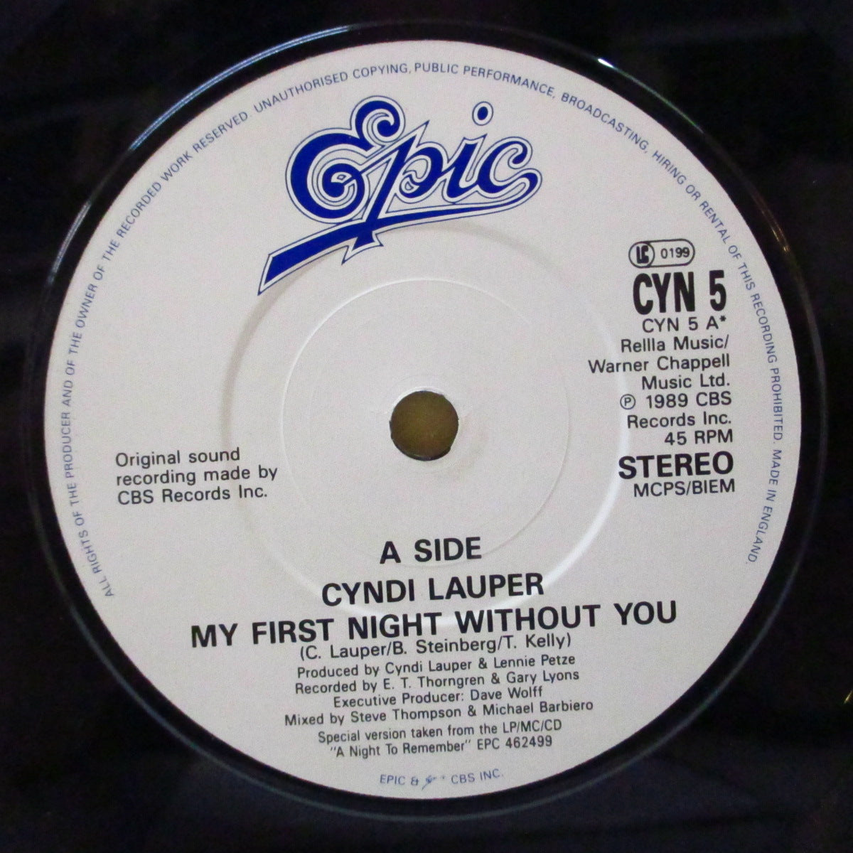 CYNDI LAUPER (シンディ・ローパー) - My First Night Without You (UK オリジナル  7インチ+光沢固紙ジャケ)