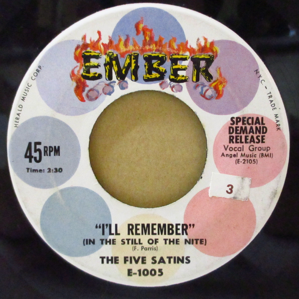 FIVE SATINS (ファイブ・サテンズ)  - I'll Remembe (In The Still of The Nite) (US '60 再発「丸太炎ロゴ・ラベ」7インチ)大ヒット哀愁バラッド名曲+アップテンポ！