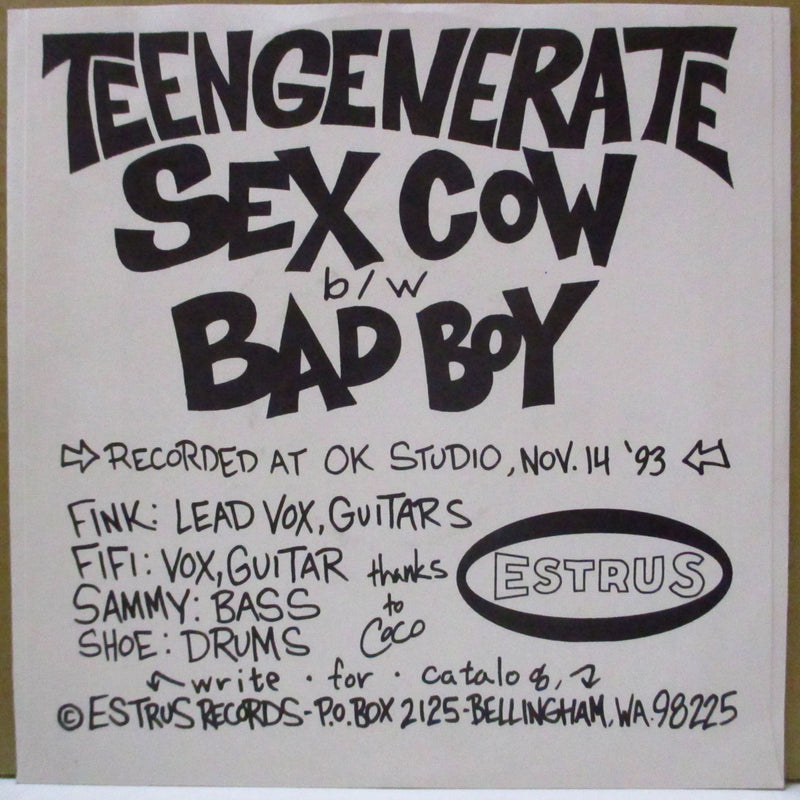 TEENGENERATE (ティーンジェネレイト)  - Sex Cow (US オリジナル「黒盤」7インチ+光沢ソフト紙ジャケ) 