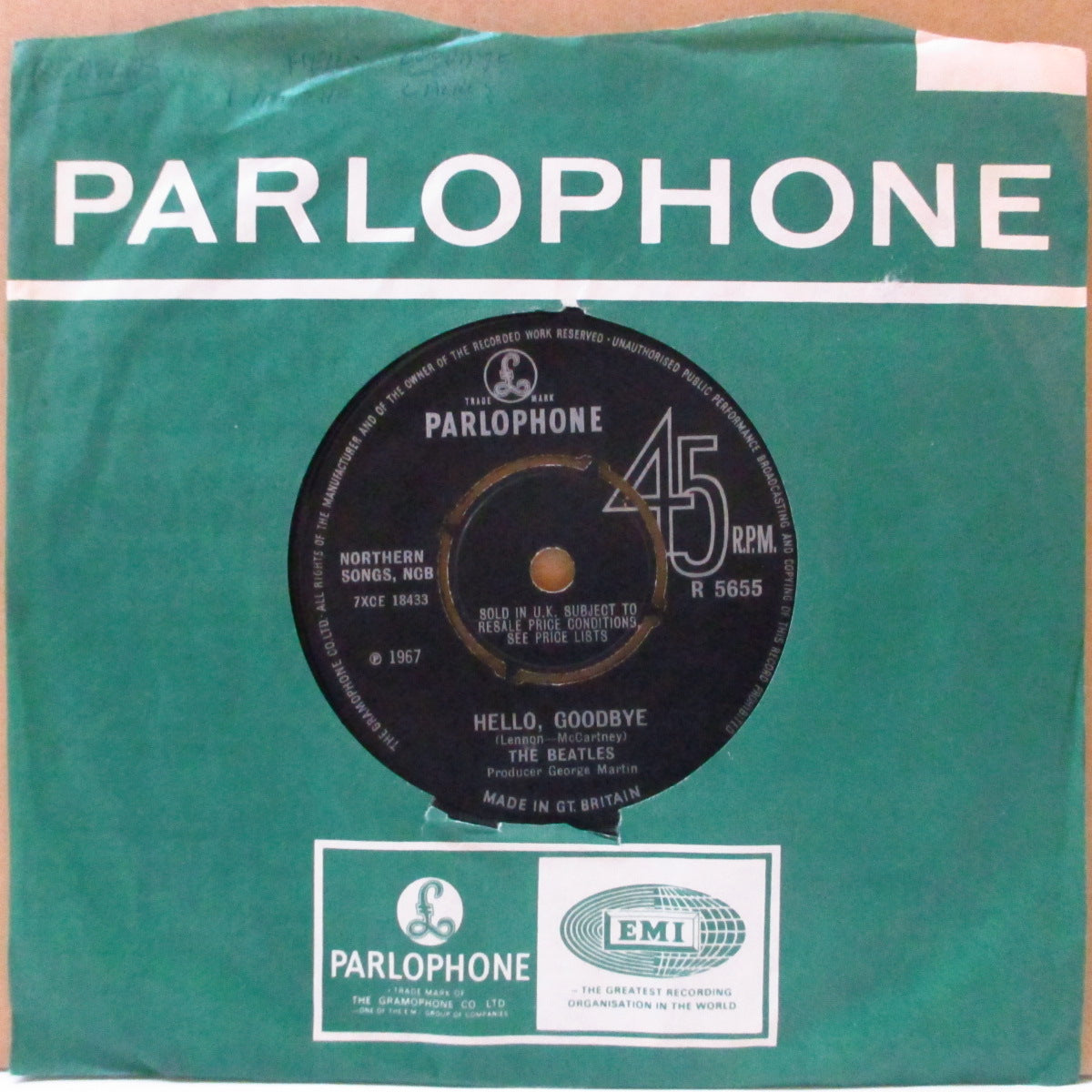 BEATLES (ビートルズ)  - Hello Goodbye (UK '67 オリジナル「作者名間ハイフン表記・ラウンドセンター」+上部波形カットカンパニースリーブ)