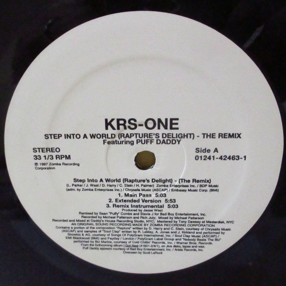 KRS ONE (KRS・ワン)  - Step Into A World (Rapture's Delight) - The Remix (US '97 オリジナル「白ラベ」6バージョン収録33回転 12インチ/レアステッカー付きダイカットスリーブ)