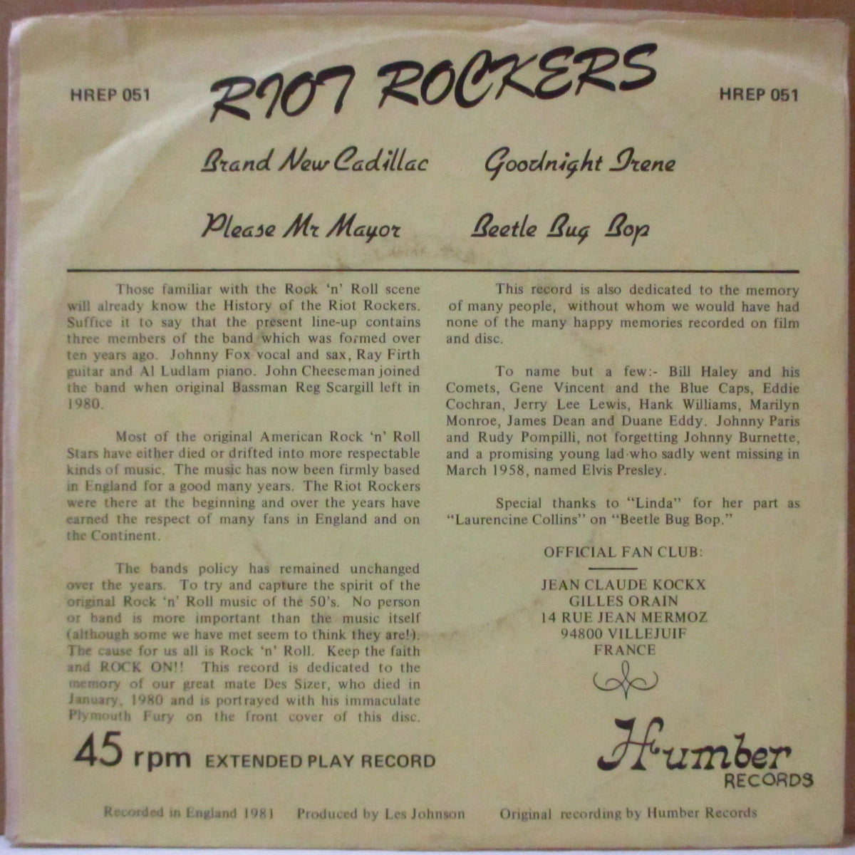 RIOT ROCKERS, THE (ザ・ライオット・ロッカーズ)  - Goodnight Irene +3 (UK '81 オリジナル4曲入り 7インチ/マットソフト紙ジャケ)