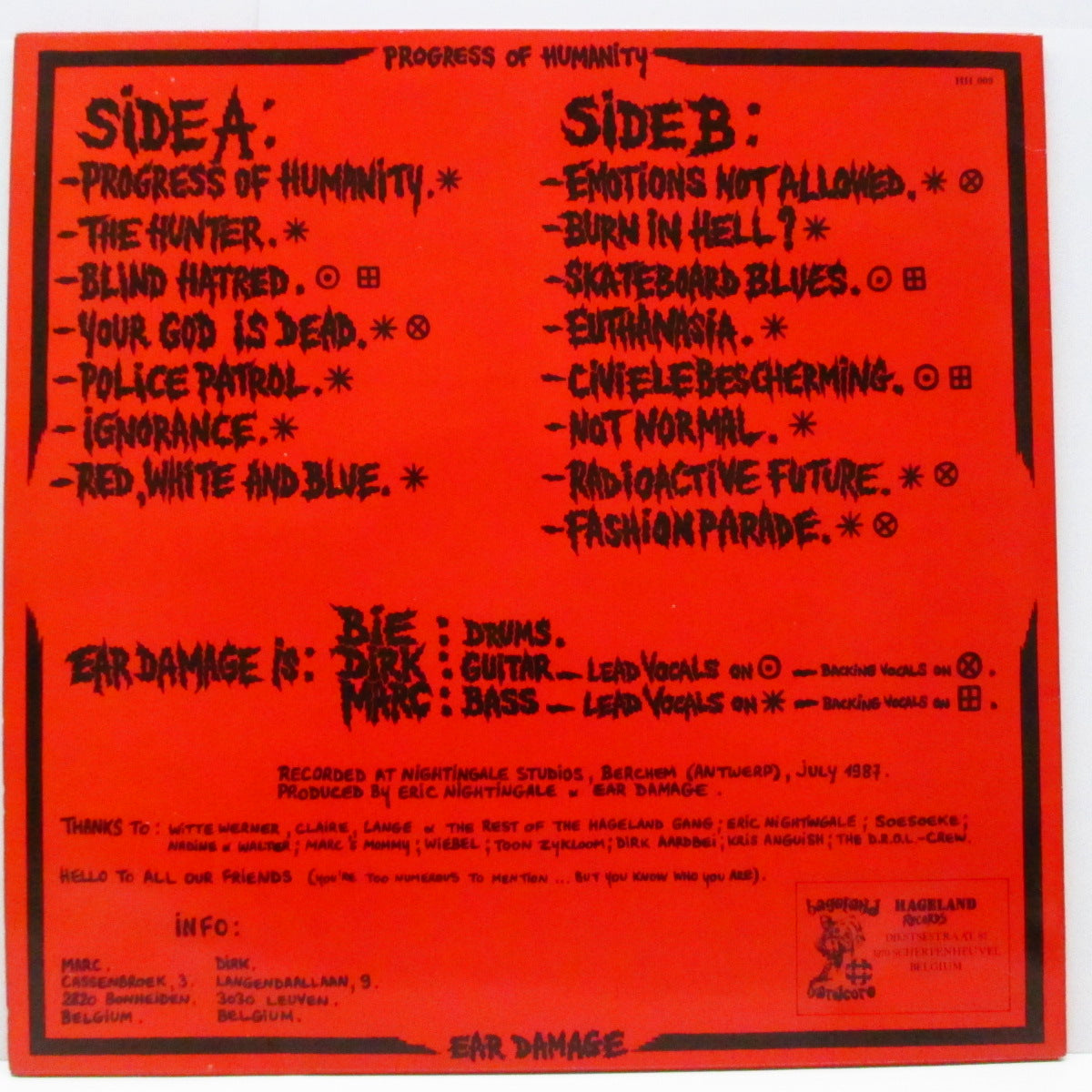 EAR DAMAGE (イヤー・ダメージ)  - Progress Of Humanity (Belgium オリジナル LP+インサート）'87年ファースト！