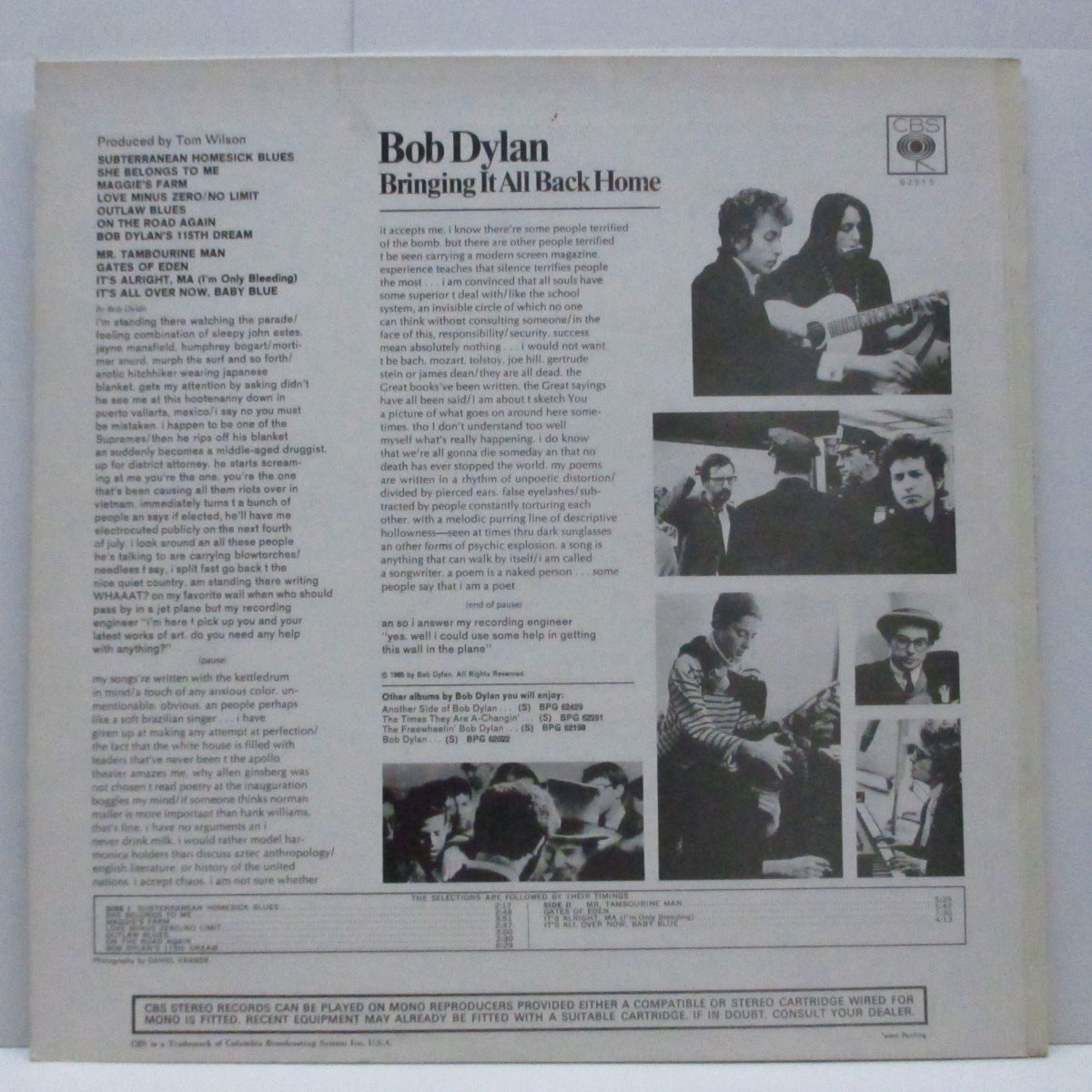 BOB DYLAN (ボブ・ディラン)  - Bringing It All Back Home (UK 60's 再発「濃オレンジラベ」ステレオ LP/ミスプリント表面コーティングジャケ)