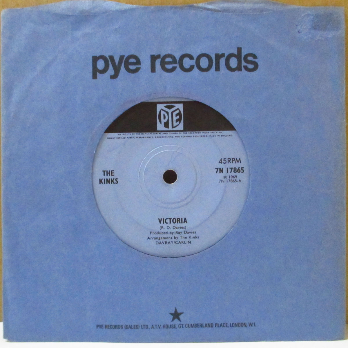 KINKS (キンクス)  - Victoria (UK '69 オリジナル「フラットセンター」 7インチ+Pye社カンパニースリーブ)