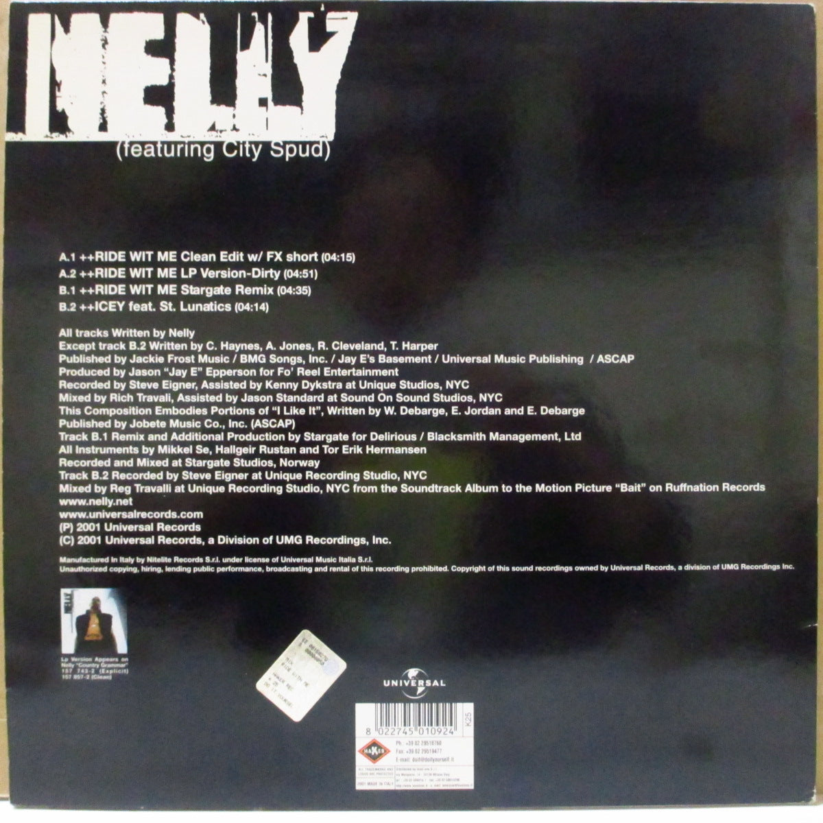 NELLY Featuring CITY SPUD (ネリー / シティ・スパッド)  - Ride Wit Me (Italy '01 オリジナル4曲入り33回転 12インチ)