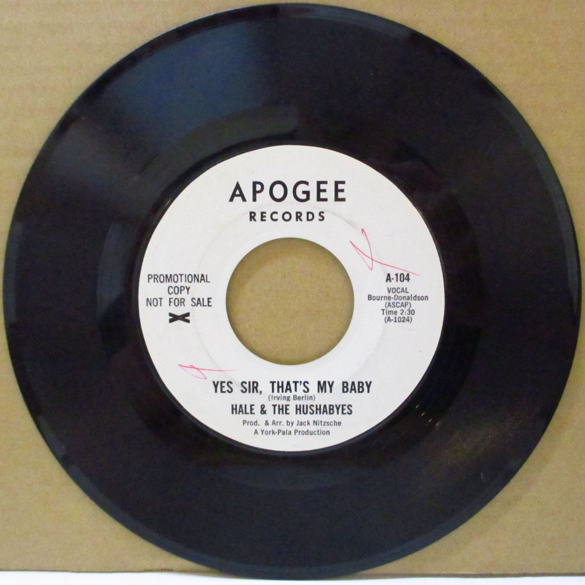HALE & THE HUSHABYES (ヘイル＆ザ・ハッシャバイズ = ブライアン・ウィルソン、ジャッキー・デシャノン， ダーレン・ラヴ他)  - Yes Sir,That's My Baby (US 初回Apogee社プロモ白ラベ 7インチ)